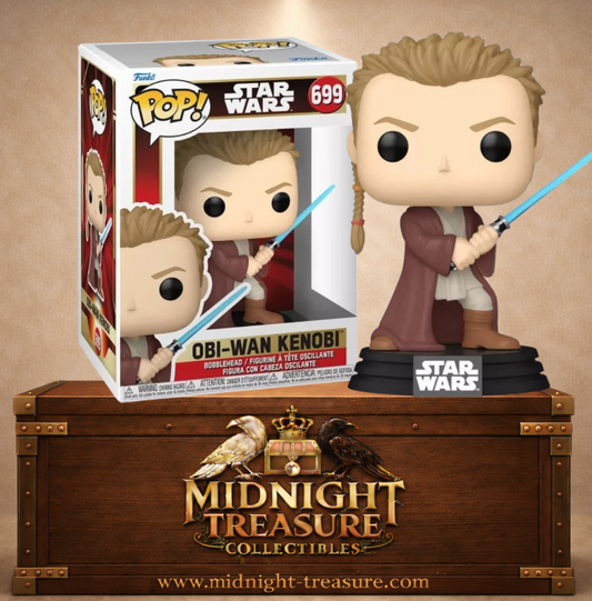 Funko Pop! Star Wars N°699 – Obi-Wan Kenobi – La Menace Fantôme. Figurine avec sabre laser bleu et tresse Padawan.