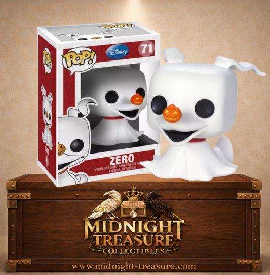 Funko Pop! Disney N°71 – Zero – The Nightmare Before Christmas. Figurine chien fantôme blanc avec nez citrouille orange.