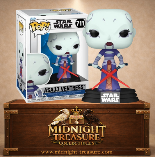 Funko Pop! N°711 – Asajj Ventress de Star Wars: The Clone Wars (Star Wars : La Guerre des Clones), avec ses deux sabres laser rouges croisés et socle Star Wars.