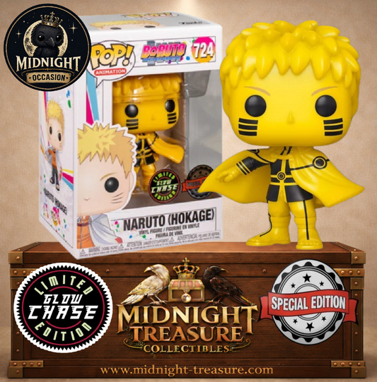 Funko Pop! Boruto N°724 – Naruto Hokage Glow Chase – version jaune lumineuse avec chakra de Kurama. Une figurine rare parfaite pour les fans de Naruto.
