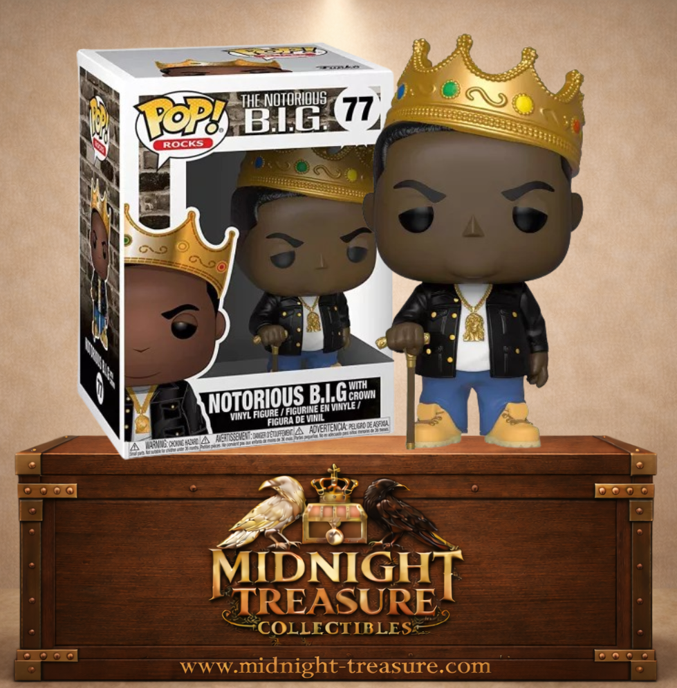 Funko Pop! Rocks N°77 – Notorious B.I.G. with Crown. Figurine rappeur avec couronne et tenue street.