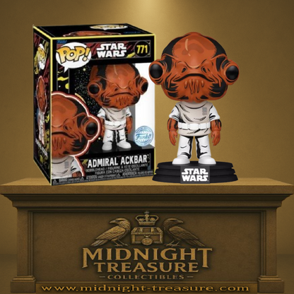 Funko Pop! Star Wars – Admiral Ackbar (N°771). Figurine rétro de l’Amiral Ackbar en uniforme blanc, personnage emblématique de l’Alliance Rebelle dans Le Retour du Jedi.