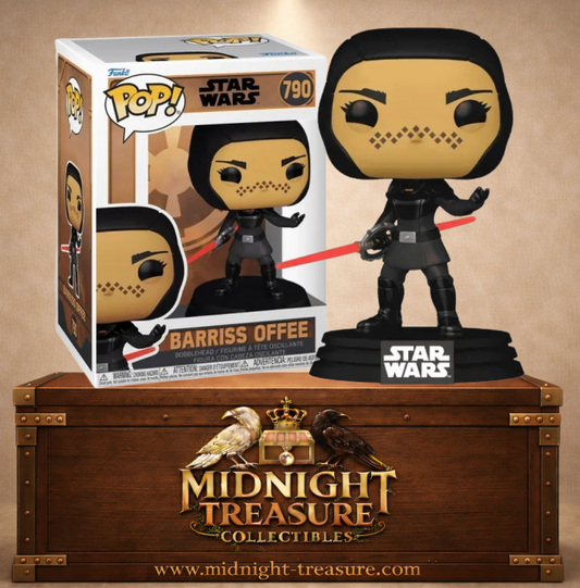 Funko Pop! N°790 – Barriss Offee de Star Wars Tales of the Empire dans sa tenue noire d’Inquisitrice avec sabre laser rouge à double lame.
