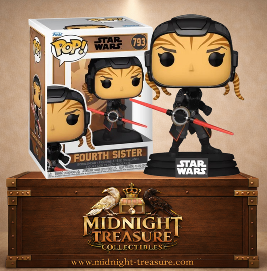 Funko Pop! N°793 – Fourth Sister, la Quatrième Sœur Lyn Rakish de Star Wars Tales of the Empire, en tenue d’Inquisitrice avec sabre laser rouge à double lame.