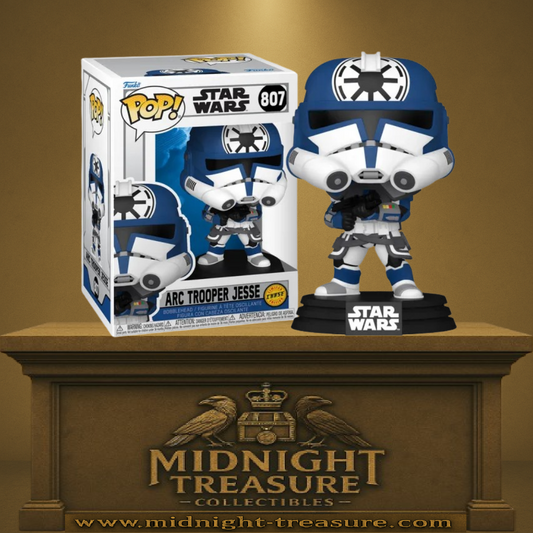 Funko Pop! Star Wars â ARC Trooper Jesse (Chase) â N°807. Version rare avec casque intĂ©gral, armure dĂ©taillĂ©e de la 501á”. Une piĂšce emblĂ©matique pour les fans de The Clone Wars.