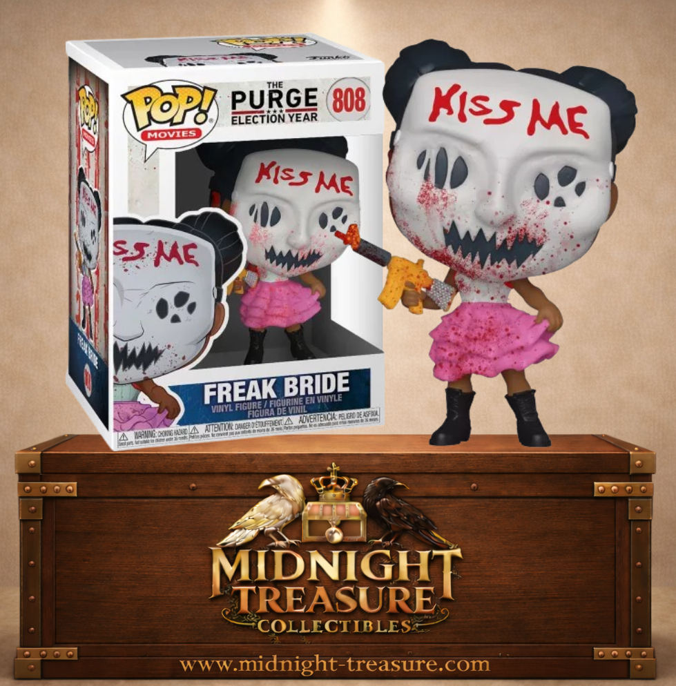 Funko Pop! N°808 Freak Bride de The Purge Election Year, Kimmy avec masque blanc Kiss Me ensanglanté, tenue rose, bottes noires et arme.