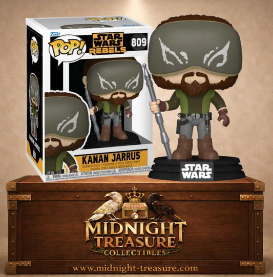 Funko Pop! N°809 – Kanan Jarrus de Star Wars Rebels après sa cécité, avec barbe, masque gris sur les yeux, sabre laser et socle Star Wars.