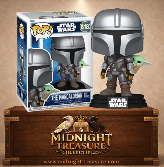 Funko Pop! Star Wars N°818 – The Mandalorian with Grogu. Figurine Mandalorien en armure beskar avec Grogu dans le sac.