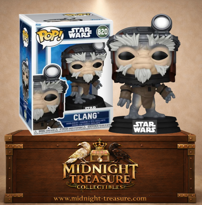 Funko Pop! Star Wars N°820 – Clang avec casque de mécanicien et lampe frontale inspiré du film The Mandalorian & Grogu.