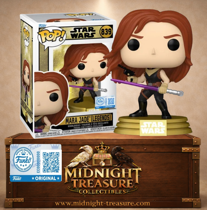 Funko Pop! Star Wars N°839 – Mara Jade avec son sabre laser violet et son blaster inspirée de l'univers Star Wars Legends. Édition Funko Shop Exclusive.
