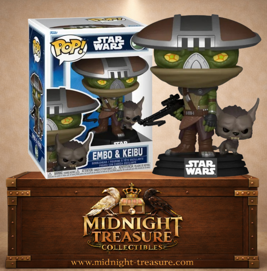 Funko Pop! Star Wars N°842 – Embo accompagné de Keibu avec son célèbre chapeau métallique et son arbalète inspirés du film The Mandalorian & Grogu.