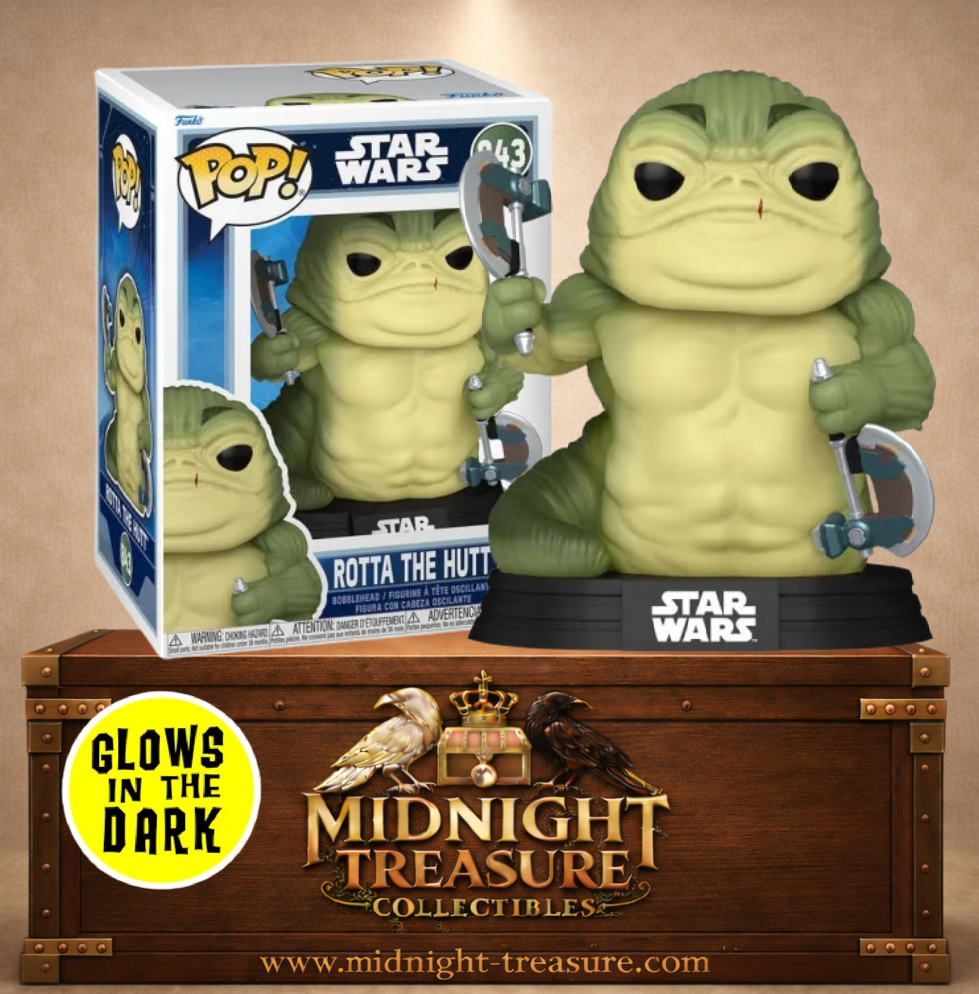 Funko Pop! Star Wars N°843 – Rotta the Hutt Glow in the Dark armé de deux haches, inspiré du film The Mandalorian & Grogu.
