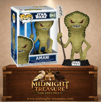 Funko Pop! Star Wars N°845 – Amani avec peau reptilienne verte, yeux rouges et lance de chasse inspiré du film The Mandalorian & Grogu.