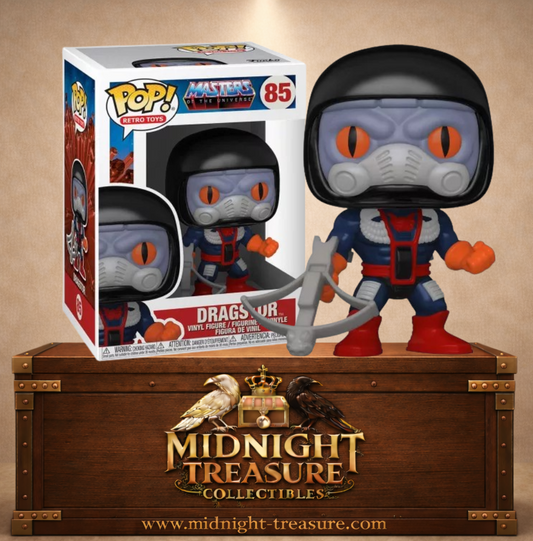 Funko Pop! Les Maîtres de l’Univers N°85 – Turbor Dragstor avec casque noir futuriste et arbalète mécanique.