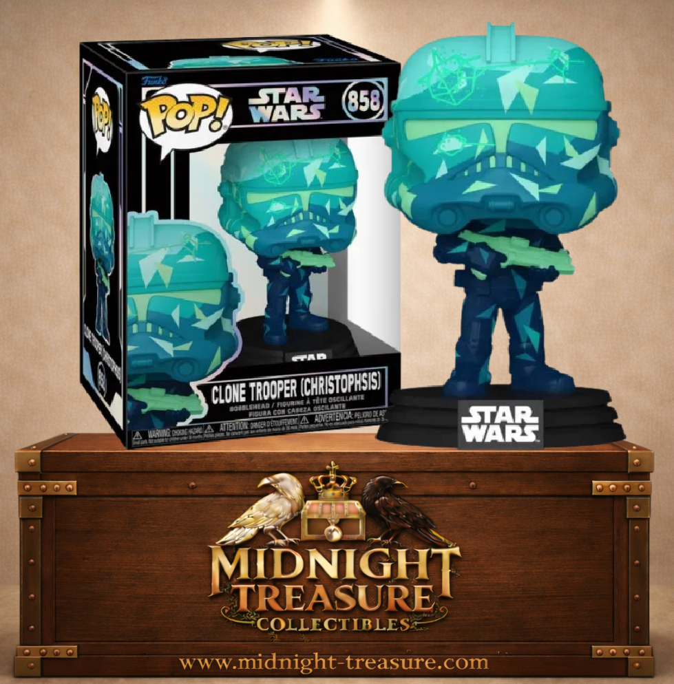 Funko Pop! Star Wars N°858 Clone Trooper de Christophsis avec armure turquoise et bleu foncé à motifs cristallins et blaster.