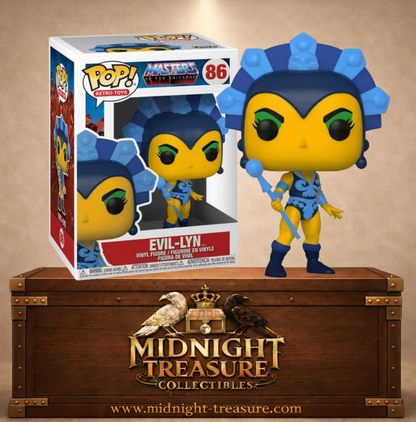 Funko Pop! Les Maîtres de l’Univers N°86 – Démonia Evil-Lyn avec tenue bleue et bâton magique inspirée de Masters of the Universe.