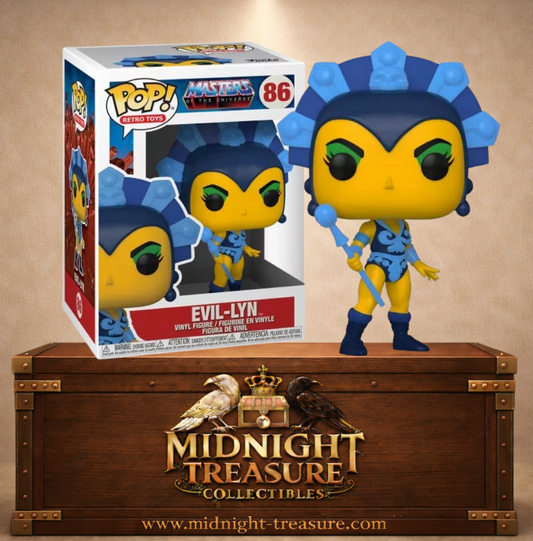 Funko Pop! Les Maîtres de l’Univers N°86 – Démonia Evil-Lyn avec tenue bleue et bâton magique inspirée de Masters of the Universe.