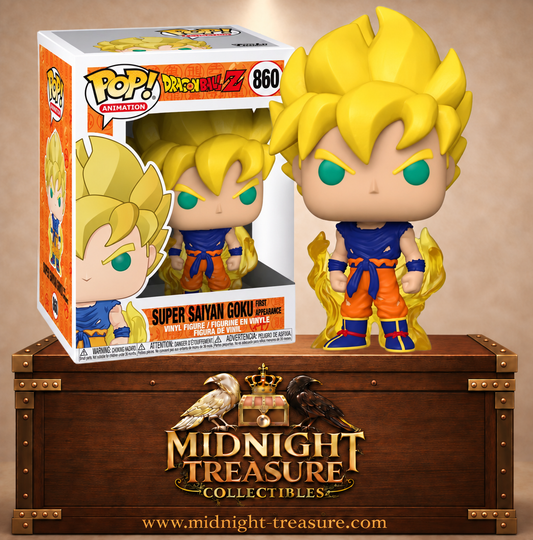 Funko Pop! Animation N°860 Son Goku lors de sa première transformation en Super Saiyan dans Dragon Ball Z, avec cheveux dorés, yeux turquoise, tenue déchirée et aura jaune.