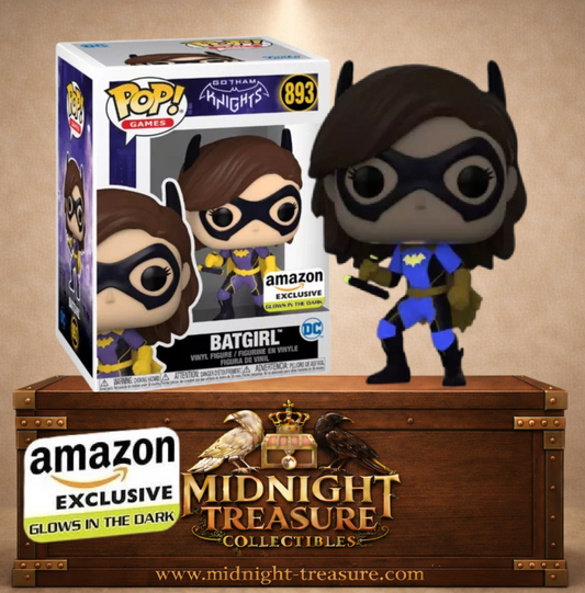 Funko Pop! Games N°893 – Batgirl de Gotham Knights, version Glow in the Dark Amazon Exclusive avec costume violet et jaune et tonfa.