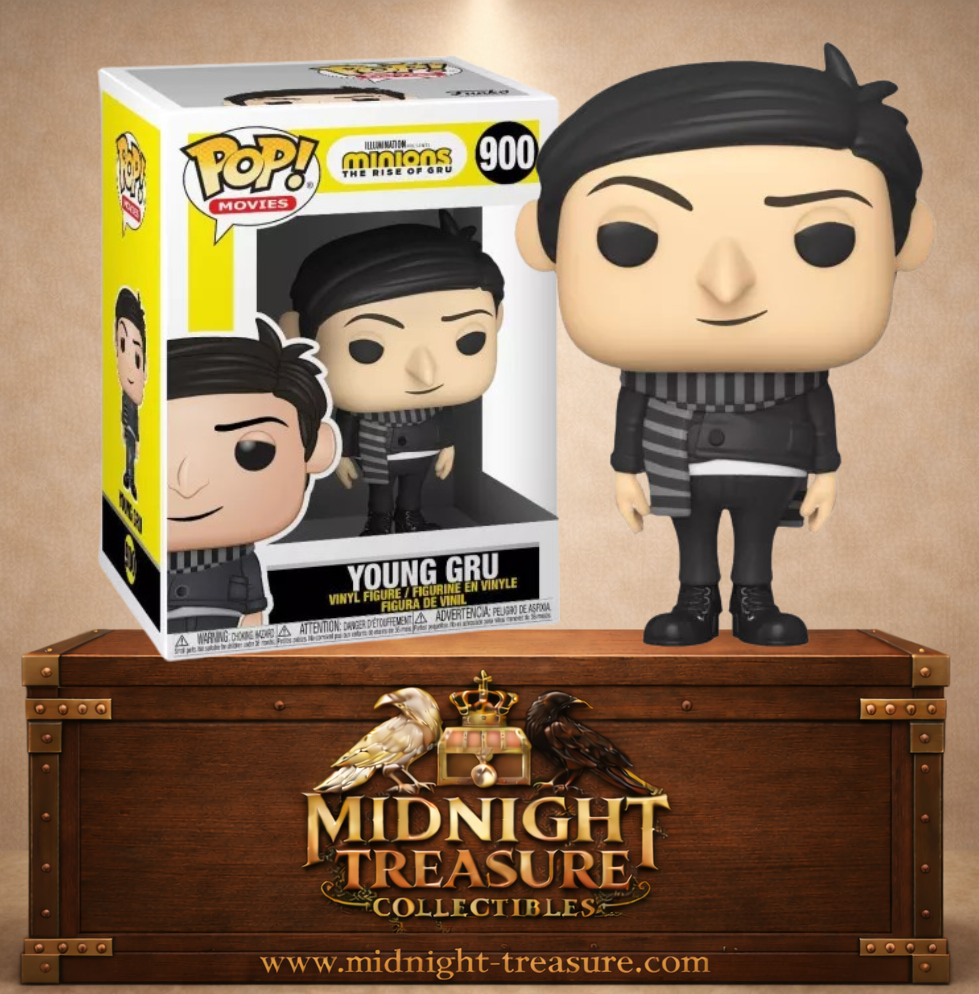Funko Pop! Movies N°900 – Young Gru (Jeune Gru) de Minions: The Rise of Gru (Les Minions 2 : Il était une fois Gru), avec tenue noire et écharpe rayée.