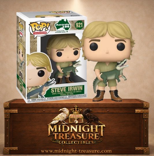 Funko Pop! Television N°921 – Steve Irwin The Crocodile Hunter en tenue kaki tenant un jeune crocodile dans ses bras.