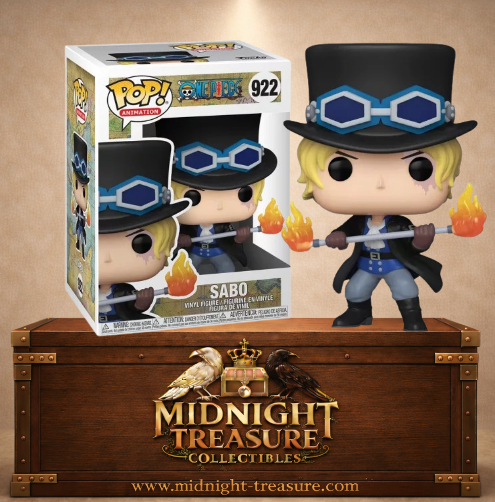Funko Pop! Animation N°922 – Sabo – One Piece. Figurine Sabo avec haut-de-forme, lunettes et tuyau enflammé.