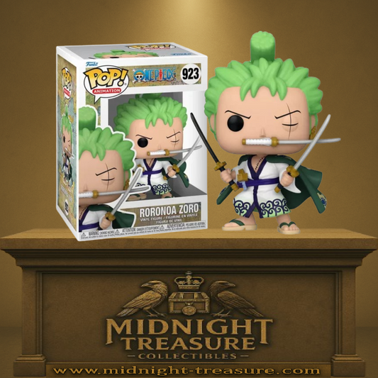 Funko Pop! One Piece – Roronoa Zoro (N°923). Zoro en tenue Wano Kuni avec trois sabres, kimono blanc et violet et cape verte.