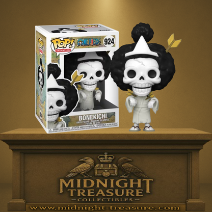Funko Pop! One Piece – Bonekichi (Brook – Pays de Wano) (N°924). Squelette musicien en kimono blanc avec perruque noire et flèche, version Wano.