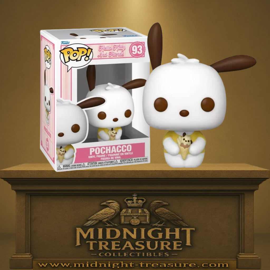 Funko Pop! Hello Kitty and Friends – Pochacco (N°93). Petit chien blanc Sanrio tenant une glace, au design kawaii et minimaliste.