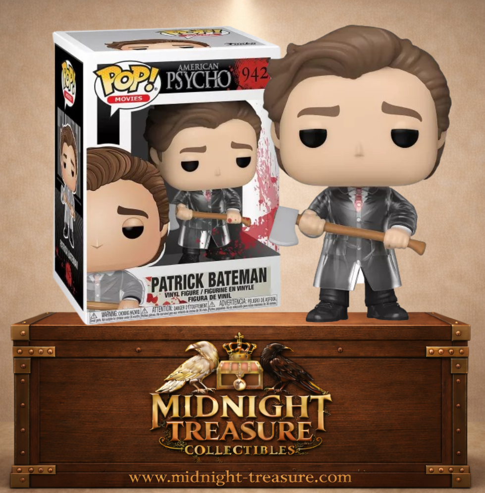 Funko Pop! N°942 Patrick Bateman with Axe (Patrick Bateman avec hache) d’American Psycho, avec costume, imperméable transparent et hache.