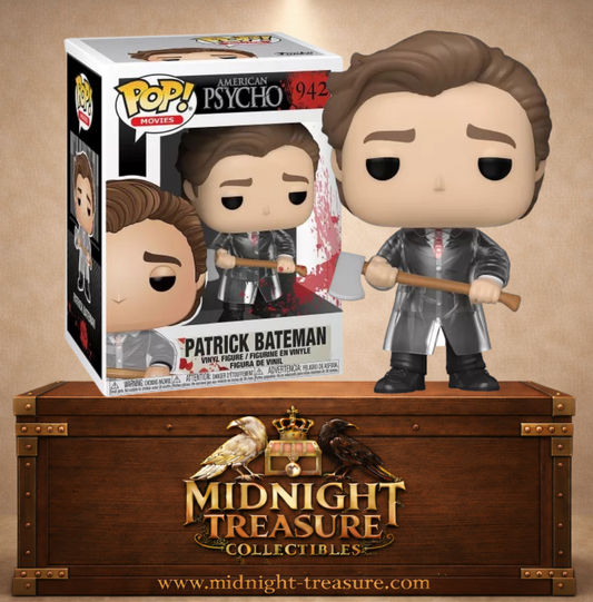 Funko Pop! N°942 Patrick Bateman with Axe (Patrick Bateman avec hache) d’American Psycho, avec costume, imperméable transparent et hache.