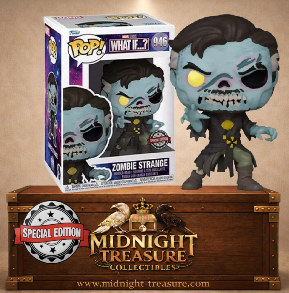 Funko Pop! N°946 Zombie Strange Special Edition de Marvel What If avec visage zombifié, Œil d’Agamotto et tenue déchirée.