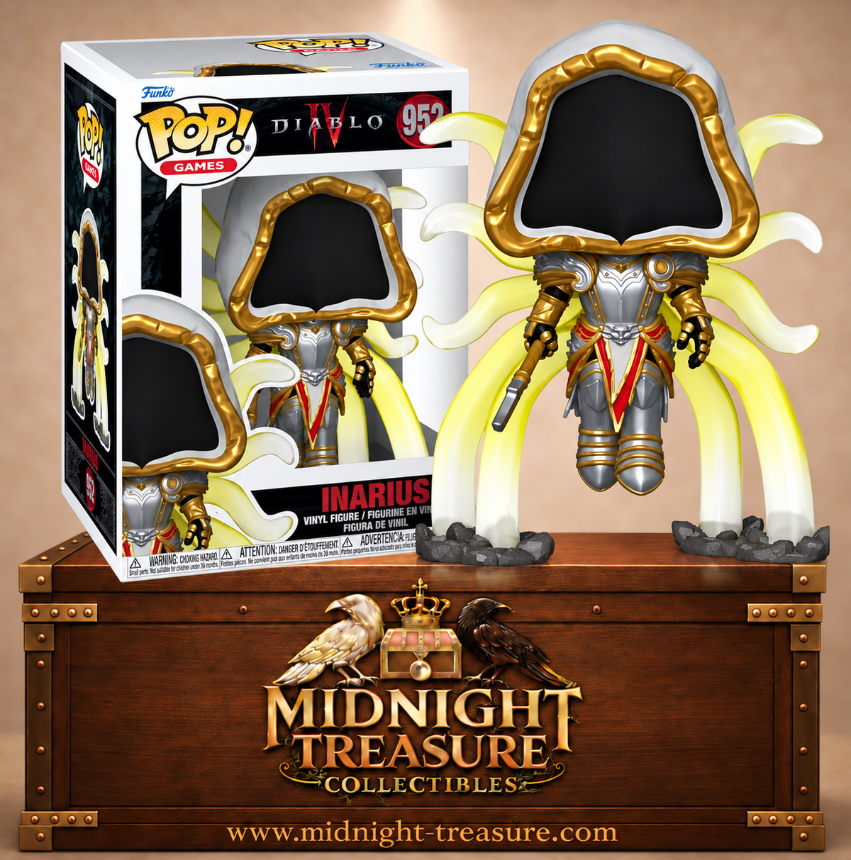 Funko Pop! Games N°952 Inarius de Diablo IV avec capuche blanche et dorée, armure argentée et grandes ailes angéliques lumineuses.