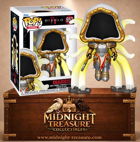 Funko Pop! Games N°952 Inarius de Diablo IV avec capuche blanche et dorée, armure argentée et grandes ailes angéliques lumineuses.