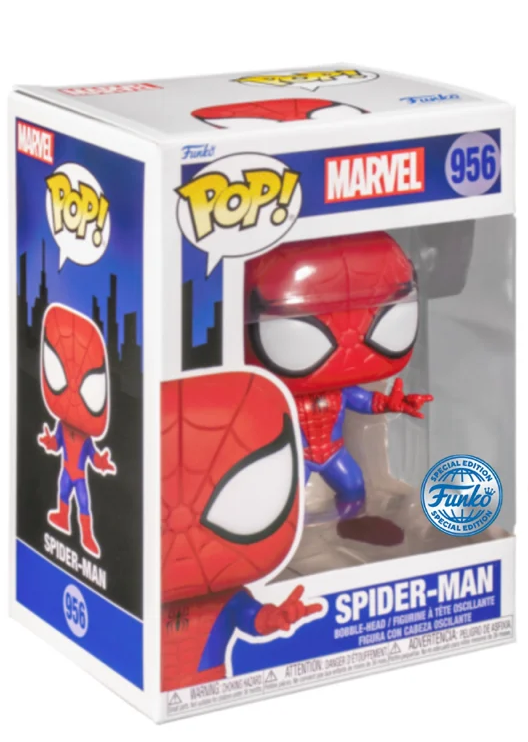 Funko Pop! Marvel – Spider-Man (N°956). Figurine du super-héros en costume classique rouge et bleu, dans une pose dynamique emblématique.