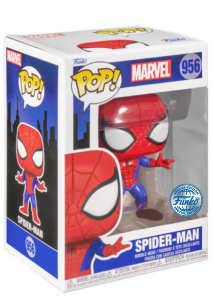 Funko Pop! Marvel – Spider-Man (N°956). Figurine du super-héros en costume classique rouge et bleu, dans une pose dynamique emblématique.
