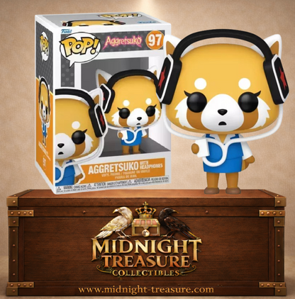Funko Pop! N°97 Aggretsuko avec casque audio noir, tenue de bureau bleue et blanche et pelage orange de panda roux.