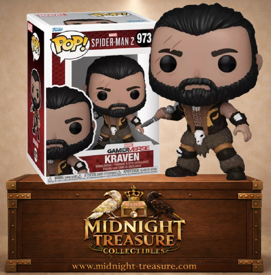 Funko Pop! Games N°973 Kraven le Chasseur de Marvel’s Spider-Man 2 Gamerverse avec barbe, tenue en fourrure et couteau.