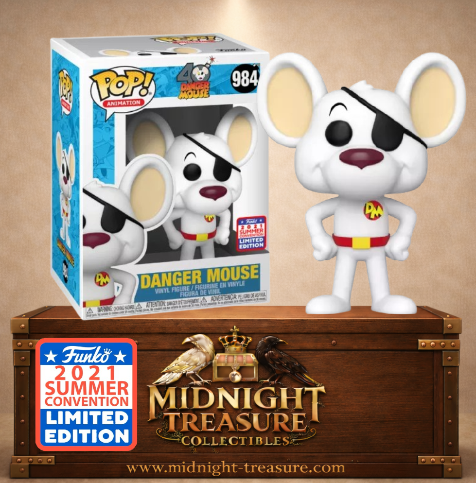 Funko Pop! Animation N°984 – Danger Mouse (Dare Dare Motus), 40th Anniversary (40e Anniversaire), 2021 Summer Convention Limited Edition, avec cache-œil noir et tenue blanche classique.