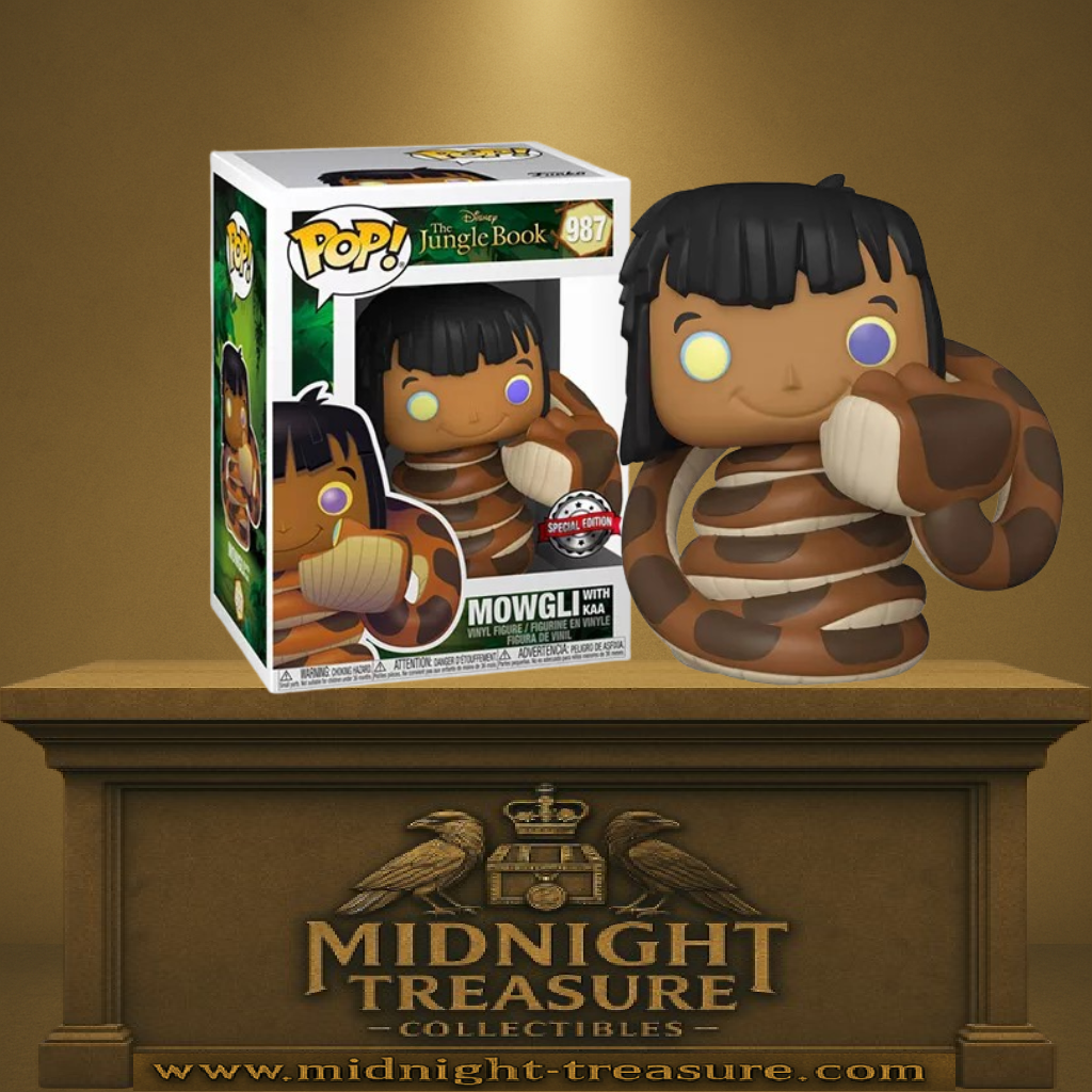 Funko Pop! Disney – Mowgli with Kaa (Mowgli avec Kaa) (N°987). Mowgli enroulé par le serpent Kaa aux yeux hypnotiques, scène emblématique du Livre de la Jungle.