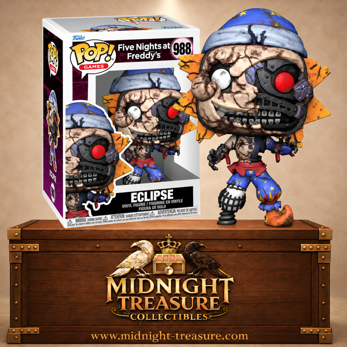 Funko Pop! Games N°988 Eclipse de Five Nights at Freddy’s Security Breach RUIN avec visage détruit, œil rouge et endosquelette apparent.