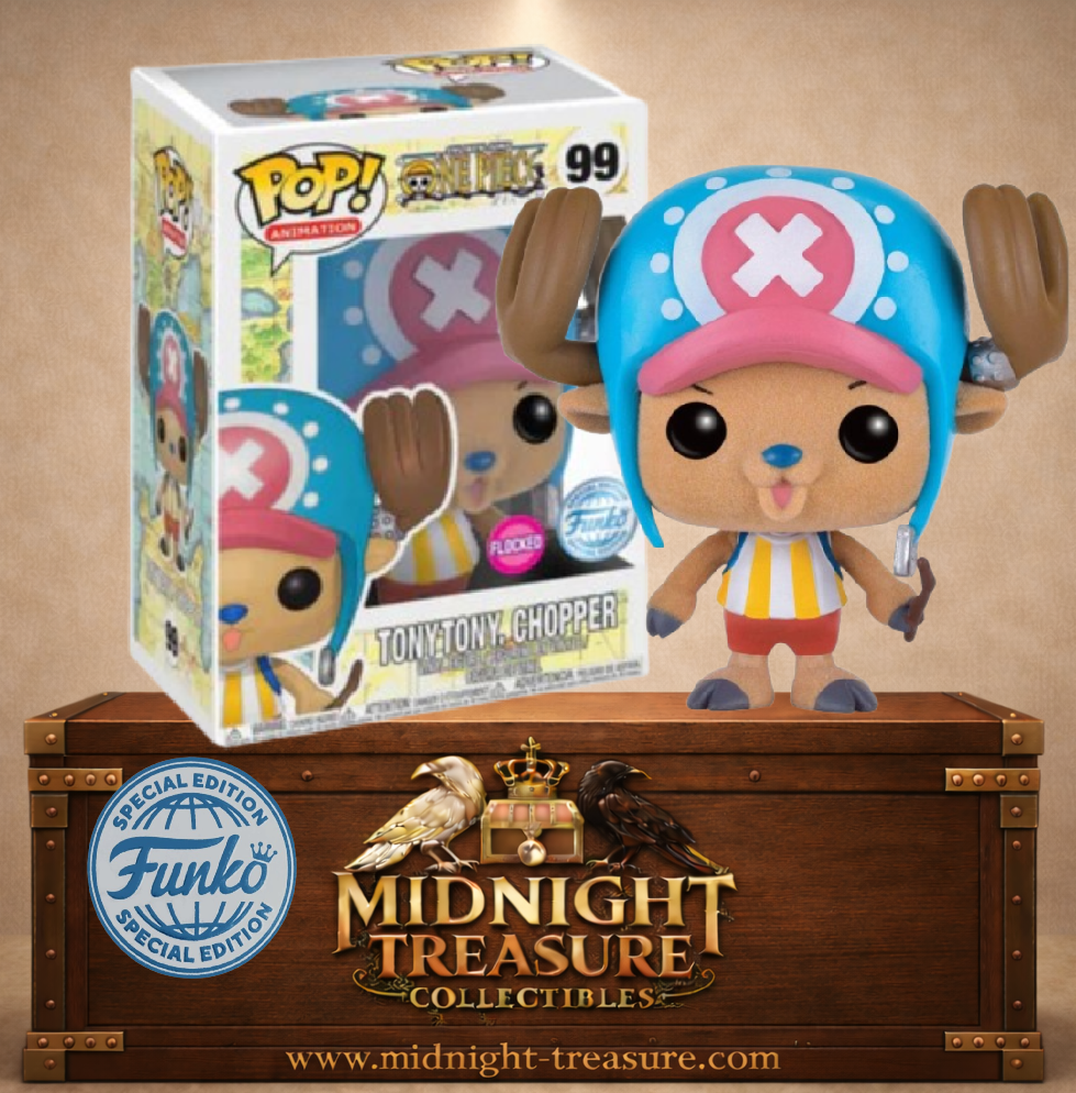 Funko Pop! Animation N°99 – Tony Tony Chopper (Flocked) – One Piece. Figurine avec effet peluche, chapeau bleu et bois caractéristiques.