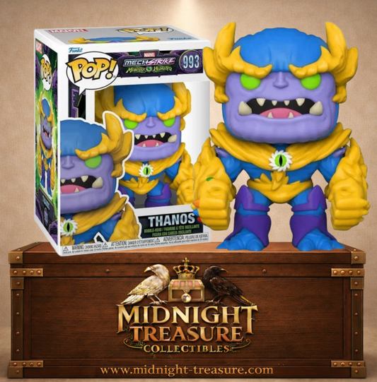 Funko Pop! Marvel N°993 – Thanos – Mech Strike Monster Hunters. Figurine Thanos version monstrueuse avec armure bleue et dorée.