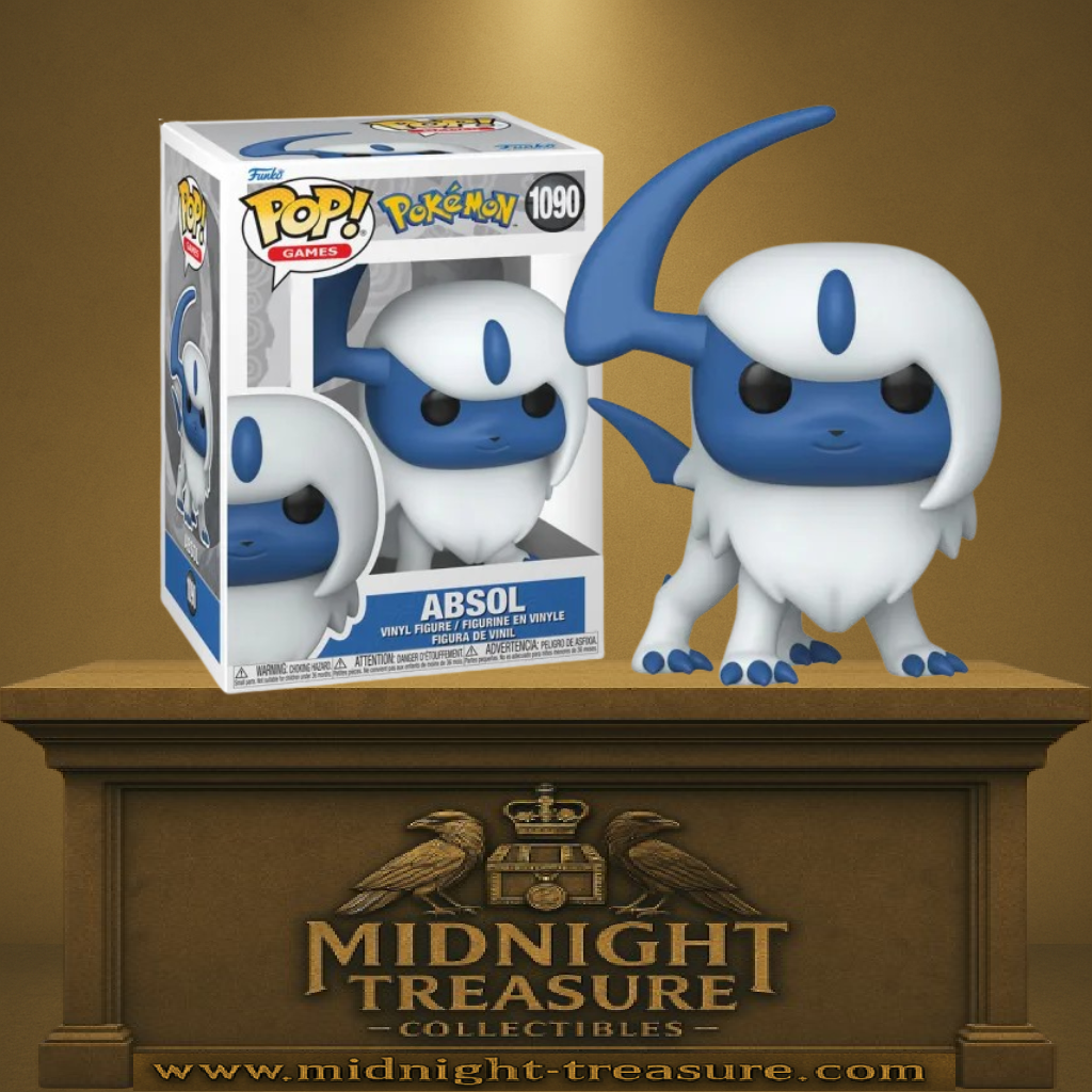 Funko Pop! Pokémon – Absol (N°1090). Figurine détaillée du Pokémon Ténèbres, avec pelage blanc, corne bleue et allure majestueuse.