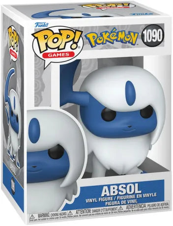 Funko Pop! Pokémon – Absol (N°1090). Figurine détaillée du Pokémon Ténèbres, avec pelage blanc, corne bleue et allure majestueuse.