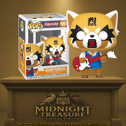 Funko Pop! Sanrio – Aggretsuko (N°96) – With Guitar. Retsuko en mode death metal avec guitare rouge et expression déchaînée. Une figurine drôle et intense pour les fans de Sanrio et de métal.