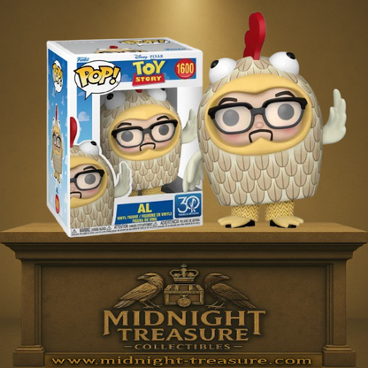 Funko Pop! Toy Story – Al (N°1600). Figurine représentant Al McWhiggin en costume de poulet, clin d’œil culte à Toy Story 2. Une pièce incontournable pour les fans de Pixar et Disney.