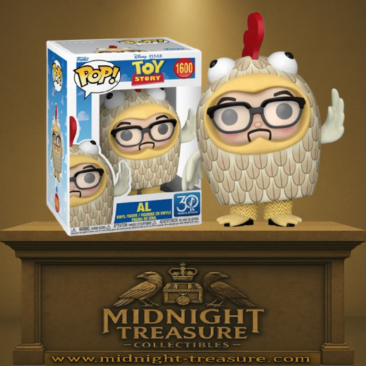 Funko Pop! Toy Story – Al (N°1600). Figurine représentant Al McWhiggin en costume de poulet, clin d’œil culte à Toy Story 2. Une pièce incontournable pour les fans de Pixar et Disney.