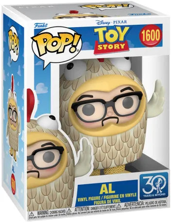 Funko Pop! Toy Story – Al (N°1600). Figurine représentant Al McWhiggin en costume de poulet, clin d’œil culte à Toy Story 2. Une pièce incontournable pour les fans de Pixar et Disney.