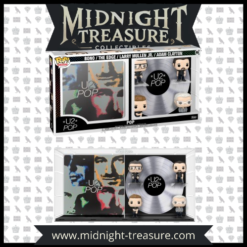 "Funko Pop! Albums U2 - Pop (46) - Deluxe Set. Ce coffret met en avant l'album culte 'POP' avec les figurines des membres du groupe et un disque vinyle argenté. Un must-have pour les fans de U2 et les collectionneurs de musique." 